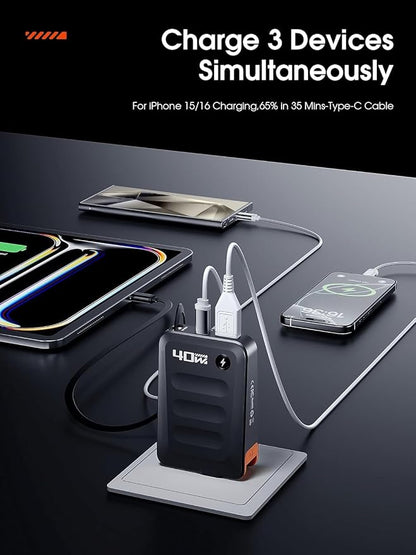 2026 ETODBUWS 3 in 1 GaN Charger,40W PD Fast Charging Blocks with Retractable Type C Cable and Dual Port Travel Charger,USB Chargers with Foldable Plug for iPhone 17/16/15,Galaxy,Pixel-Black