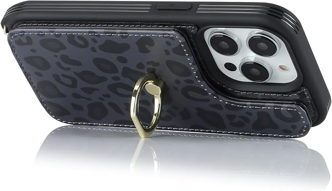 Lipvina for iPhone 14 Pro Case with Card Holder for Women,Phone Case with Strap,Crossbody Lanyard,RFID Blocking,Ring Stand,Snap Clasp,Cute Wallet Case 6.1 inch(Black Leopard)