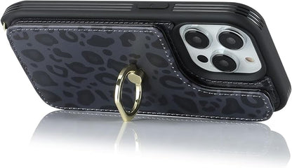 Lipvina for iPhone 14 Pro Case with Card Holder for Women,Phone Case with Strap,Crossbody Lanyard,RFID Blocking,Ring Stand,Snap Clasp,Cute Wallet Case 6.1 inch(Black Leopard)