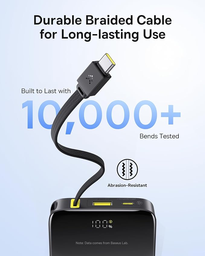 Baseus Portable Charger, 10000mAh Fast Charging Power Bank, 22.5W PD3.0 QC3.0 Battery Pack Built-in USB C Braided Cable, Travel Essentials for iPhone 17 16 15, iPad, S25/S24, Indoor/Outdoor, Travel