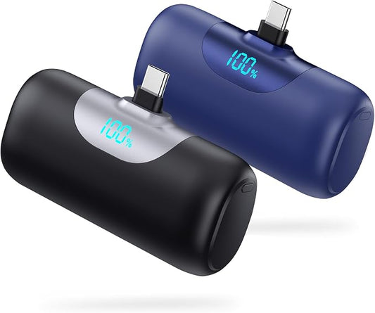 [2-Pack] 5500mAh Portable Charger for iPhone 17/16, LCD Display USB C Mini Power Bank,PD Fast Charging Travel Lipstick Sized Battery Pack for iPhone 17/16/15 Pro Max, Galaxy S25/S24, Pixel(Black+Navy)
