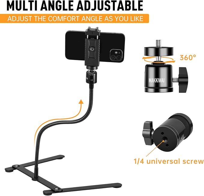 Phone Stand for Recording, Phone Tripod Adjustable and Solid, Overhead Phone Mount, Fixable Gooseneck Phone Holder for Video Recording, Online Teaching, Cookie Decorating, Live Streaming
