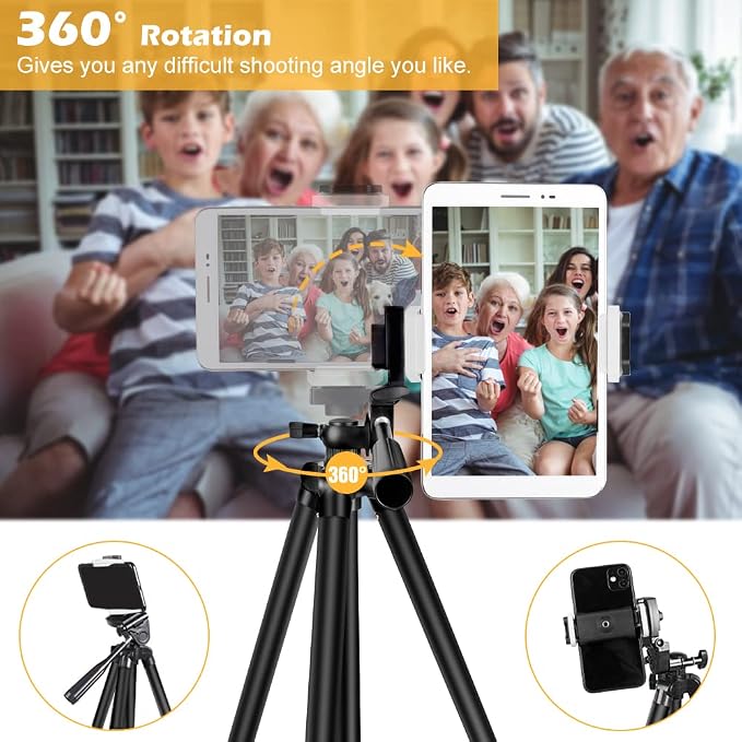 Phone Tripod, 50” Extendable Adjustable Smartphone & Tablet Tripod Stand with Mount & Remote, Compatible with Tablet/Cell Phone/Camera (Black)