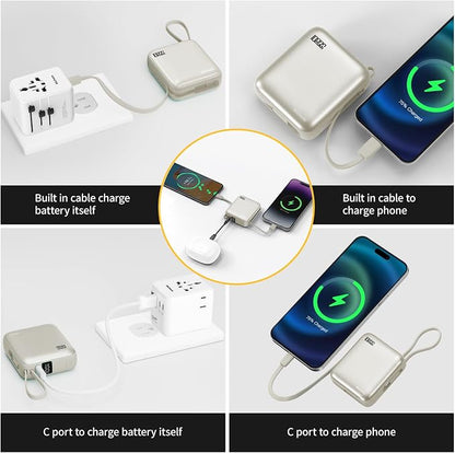Hichain Small Portable Charger with Built in Cables LED Display Gold | Mini Power Bank 10000mAh 22.5W USB-C Fast Charging Battery Pack, Travel Essential Power Bank for iPhone, Samsung, Android