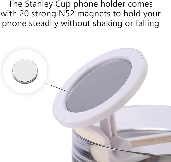 Lyreh Magnetic Phone Holder for Stanley Cup Quencher H2.0 Flowstate Tumbler, Plastic Portable Water Bottle Phone Holder Practical Accessories for Home Car Office Gym (White)