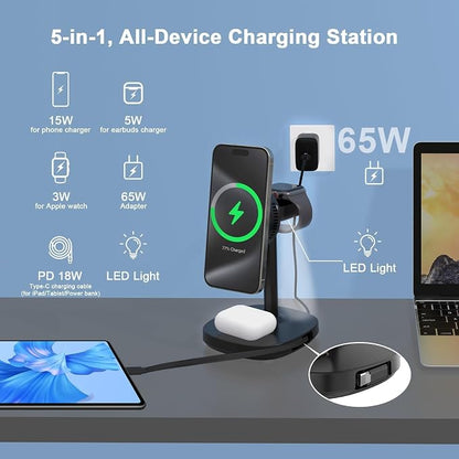 5 in 1 Qi2 Magnetic Wireless Charger Stand, 15W Fast Wireless Charging Station with Cooling Fan for iPhone 17/16/15/14/13/12, AirPods, Apple Watch - 65W Adapter & Retractable USB-C Cable Included
