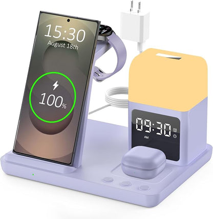 Wireless Charger for Samsung/Android Charging Station, 6 in 1 Fast Watch Charger with Alarm Clock-Night Light, Compatible for Galaxy S25 Ultra/S24, Only for Samsung Watch 8/7,Galaxy Buds3 Pro(Purple)