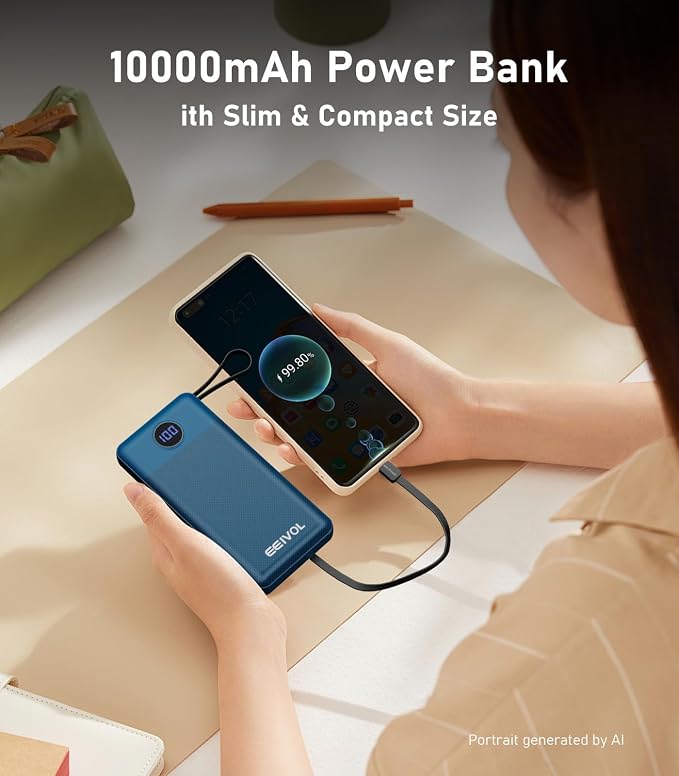 Portable Charger with Built in Cables, Slim 10000mAh Power Bank, USB C Battery Pack Travel, 4 Output 2 Input External Charging Bank for iPhone 17/16/15/14/13,Samsung, Android, etc-Blue(1 Pack)