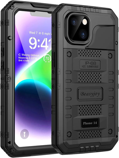 Beasyjoy for iPhone 14 Case Waterproof, Metal Heavy Duty Full Body Protective Case with Built-in Screen Protector, Military Grade Shockproof Dustproof Defender Rugged Cover 6.1 Inch, Black
