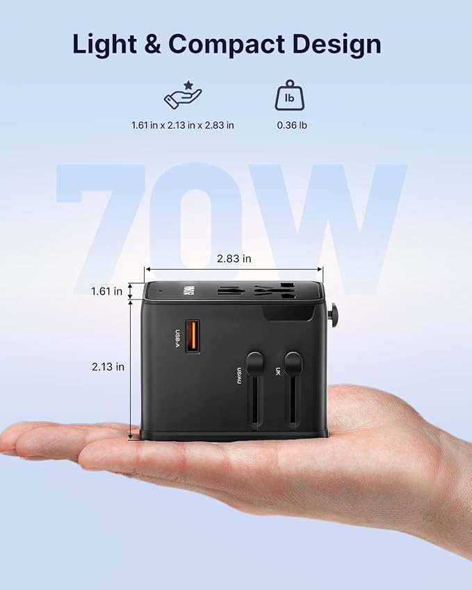 VINTAR 70W GaN Universal Travel Adapter, 5 in 1 with 3 USB-C PD& 1 USB-A QC | International Power Adapter, GaN Fast Charging with Compact Design, All-in-One Travel Essentials for UK/EU/US/AUS, Black