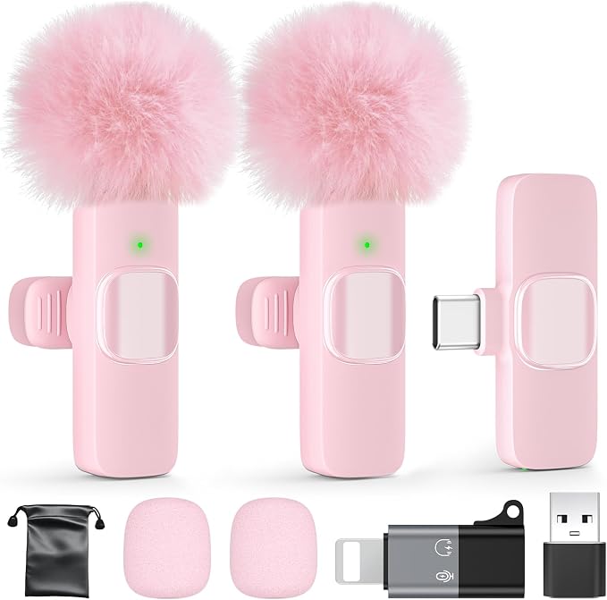 PoP voice Pink Wireless Lavalier Microphone for iPhone/Android - Mini Clip-On Mic with Noise Cancellation, 65ft Range, 12H Battery, Lapel Mic for Record Video, Podcast Vlog Content Creator Interview
