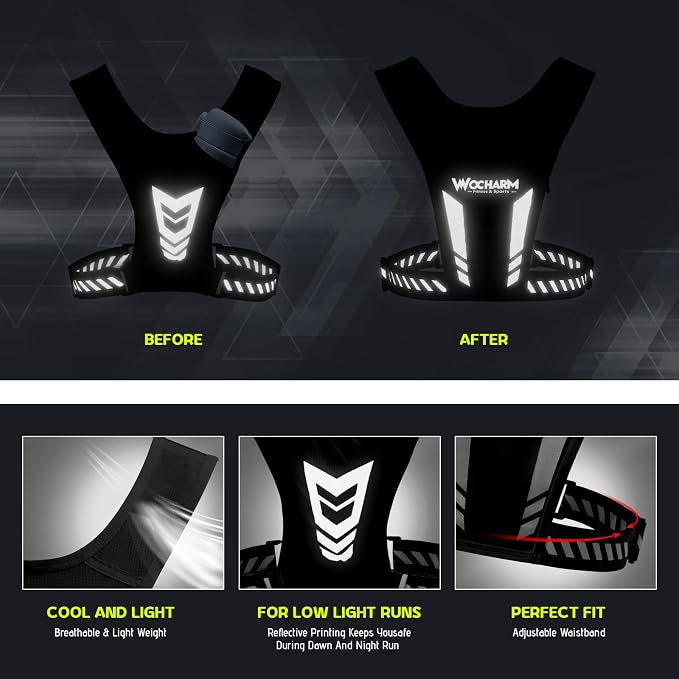 Reflective Vest Chest Phone Holder, Adjustable Hydration Training Workout Gear for Nighttime Running Biking