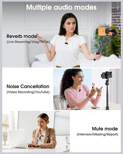 PoP voice Mini Wireless Lavalier Microphone for iPhone/Android/PC, 48kHz/24-bit High Fidelity Audio, 20m Range, Noise Cancelling, 60h Use, YouTube, Vlog, Streaming