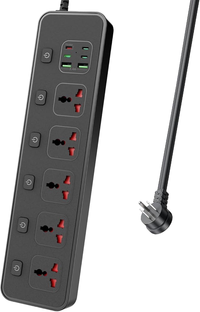 30W PD USB-C Fast Charging Power Strip,6 FT Extension Cord with Individual Outlet Switches, 5 Universal Sockets + 6 USB Ports, 110-240V 3000W Plug Adapter for Travel Home Office