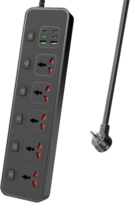 30W PD USB-C Fast Charging Power Strip,6 FT Extension Cord with Individual Outlet Switches, 5 Universal Sockets + 6 USB Ports, 110-240V 3000W Plug Adapter for Travel Home Office