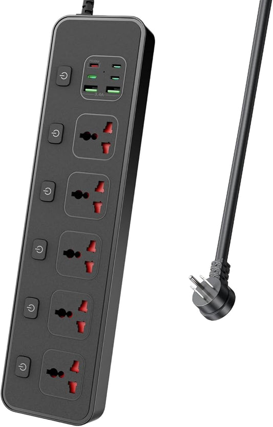 30W PD USB-C Fast Charging Power Strip,6 FT Extension Cord with Individual Outlet Switches, 5 Universal Sockets + 6 USB Ports, 110-240V 3000W Plug Adapter for Travel Home Office