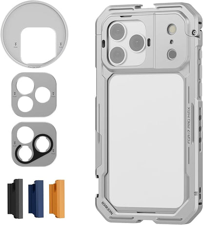 NEEWER Phone Cage Compatible with iPhone 17 Pro Max, Quick Release Video Rig Stabilizer Accessories with 67mm Filter Ring, 17mm Lens Backplate, T Mount Adapter, 4X Camera Control Cap, PA144 (Silver)