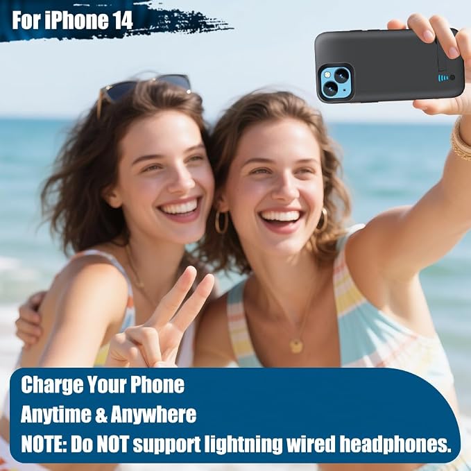 Battery Case for iPhone 14, 5000mAh Rechargeable Extended Battery Charging/Charger Case, Add 100% Extra Juice (6.1 Inches) Black