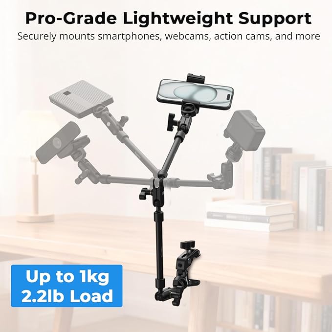 SmallRig 25.9" Magic Arm with Super Clamp, Overhead Phone Mount, Flexible Desk Camera Mount with 1/4" Screw and Cable Clip, Max Load 2.2lb, for iPhone, Action Camera, Video Light, Webcam, Mic - 5625