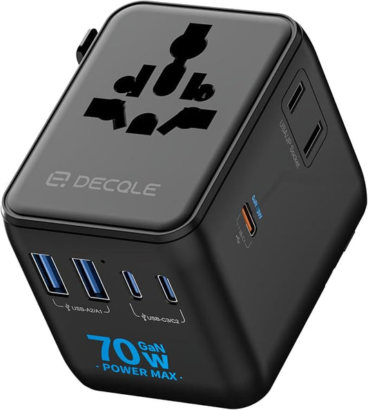 “Pro” Universal Travel Adapter 3 USB-C＆ 2 USB-A Cover 200+ Countries | GaN 70W, International Plug Adapter, All in One Portable Adapter, NOT A Voltage Converter, for USA, UK, EU, AU (Black)