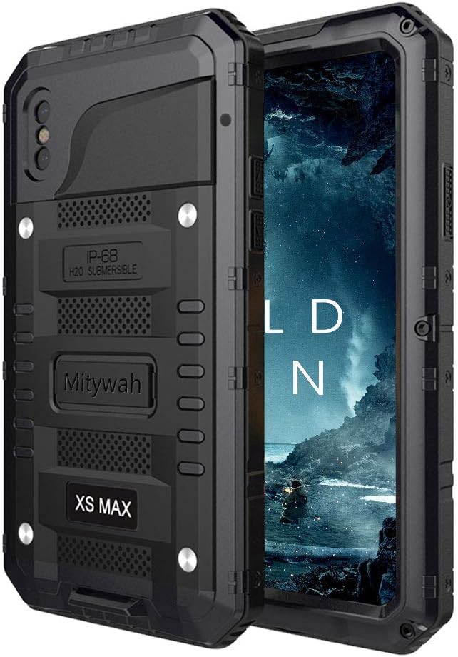 Mitywah Waterproof Case for iPhone Xs MAX, Heavy Duty Military Grade Shockproof Case Built-in Screen Protector, 360° Full Body Protective Armor Metal Phone Case for iPhone Xs MAX, Black