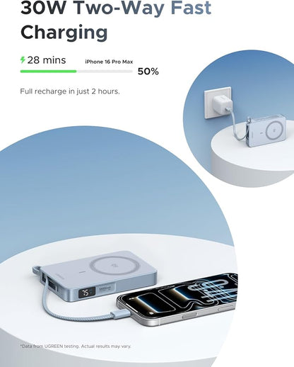UGREEN MagFlow 10,000mAh Power Bank, Qi2 25W Certified Wireless Charging, Magnetic Portable Charger for MagSafe with Built-in Cable, 30W USB-C Battery Pack for iPhone 17 Pro Max/16/15/14/13/12