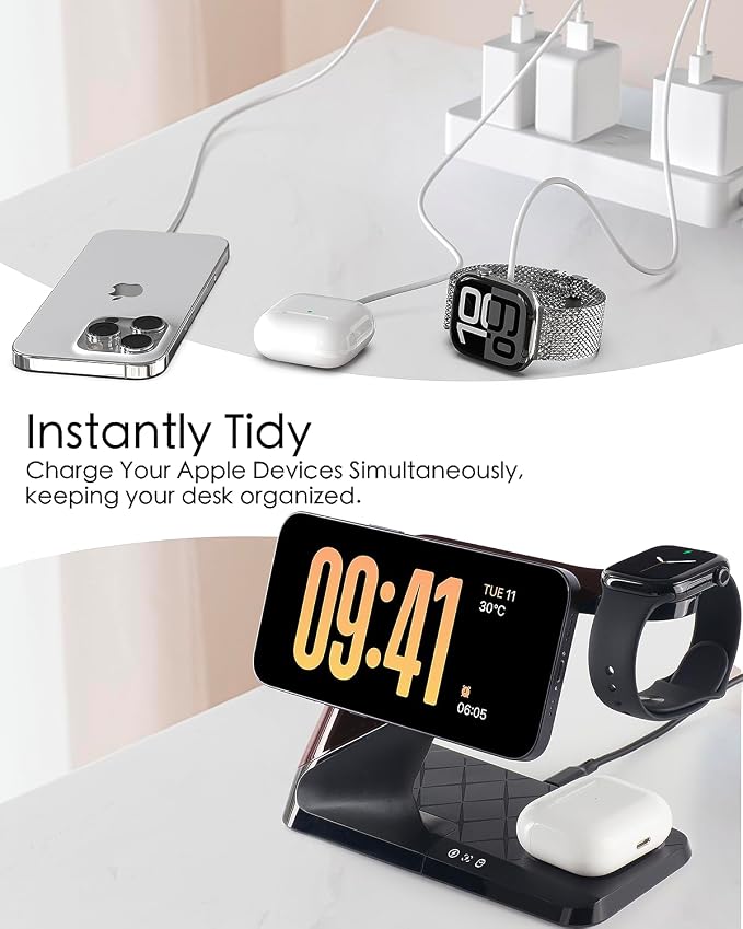 3 in 1 Charging Station for Apple Devices, Mag-Safe Charger Stand, Wireless Charger for iPhone 16/15/14/13/12 Series,& AirPods,& iWatch, Adapter Not Included