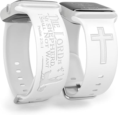 The LORD is my Shepherd Watch Band compatible with Apple Watch Laser Engraved iWatch Band Silicone 38mm 40mm 41mm 42mm 44mm 45mm 49mm Strap Jesus Psalm Christian God (38/40/41mm M/L, White)