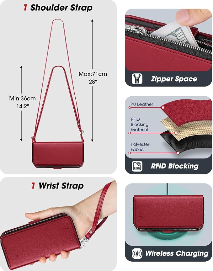 OCASE for iPhone 17 Pro Crossbody Wallet Case - Stylish PU Leather Handbag Phone Purse with Zipper Closure, Card Slots & RFID Blocking - Wrist Strap, Lanyard, Kickstand - Red