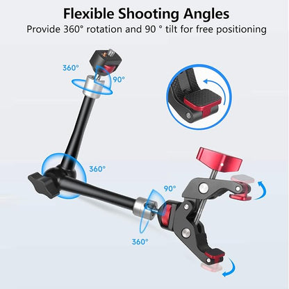 HEMMOTOP 11in Magic Arm Camera Mount Clamp, Max. Payload 5.5 LBS Articulating Arm with Anti-Twist Pins, Rotatable Pads, Adjustable Friction Arm for Monitor, LED Light, Camera Video Rig MS02