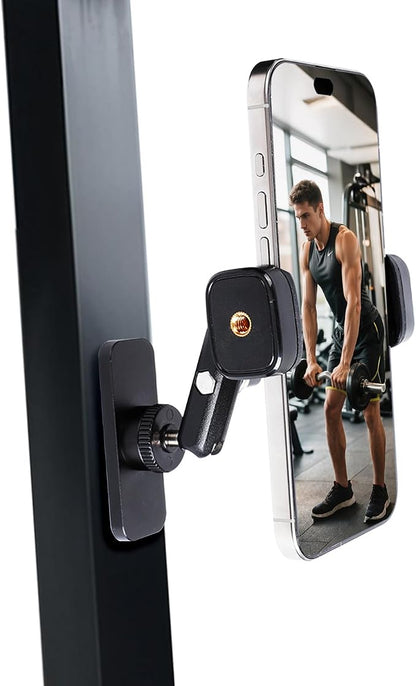 Gym Magnetic Phone Holder ，360 Degree Adjustable Fitness Phone Stand for Smartphones 4.7 to 7 Inches ，Super Magnetic Base Perfect for Workouts and Home Use