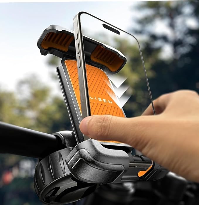 LISEN Ebike Phone Holder Mount [Super Easy Install] Bike Cell Phone Holder Handlebars fit Adults Kids, [Ultra Stable] Ebike Accessories Kit Gear Compatible with iPhone Samsung Pixe Orange