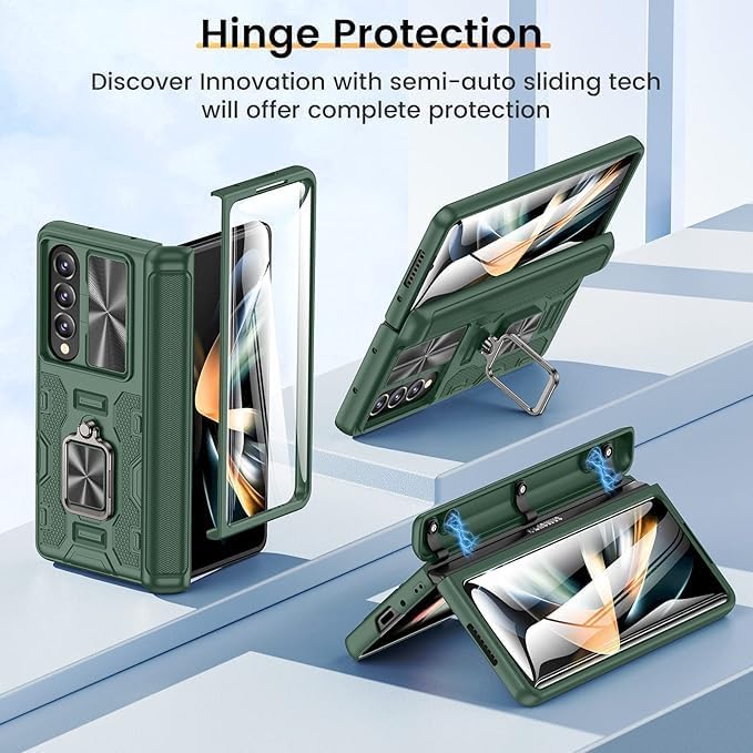 VEGO Case for Galaxy Z Fold 4 with Built-in Front Screen Protector | Samsung Z Fold 4 Case with Slide Camera Cover 360°Ring Kickstand Hinge Protection Cover for Samsung Galaxy Z Fold 4 5G- Pine