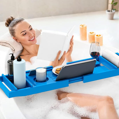 Domax Bathtub Caddy Tray - Expandable Bamboo Tub Tray for Luxury Spa Bath with Book Holder Free Soap Dish Blue