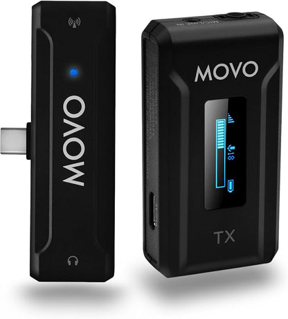 Movo WMX-2-C Wireless Microphone for USB-C Devices – Wireless Lavalier Mic System with Charging Case – Clip-On Lapel Mic for iPhone 15 and Up, Android, iPad Pro, MacBook – 7HR Battery, 328ft Range