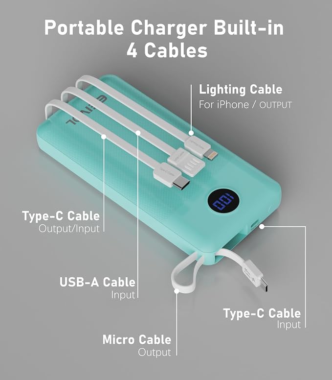 Portable Charger with Built in Cables, 10000mAh Power Bank, Battery Pack | 1 Pack, Slim, Travel Essentials, 4 Output 2 Input, for iPhone 17/16/15/14/13,Samsung, Android, etc-Green