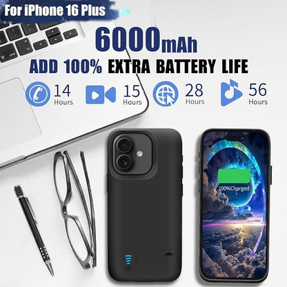 Battery Case for iPhone 16 Plus, 6000mAh Rechargeable Extended Battery Charging/Charger Case, Add 100% Extra Juice (6.7 Inches) Black