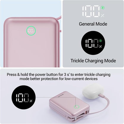 Hichain Portable Charger 35W 20000mAh Power Bank with Dual in Cables Pink | Fast Charging Battery Pack Compact Battery Bank with Digital Display for iPhone Android Portable Phone Charger