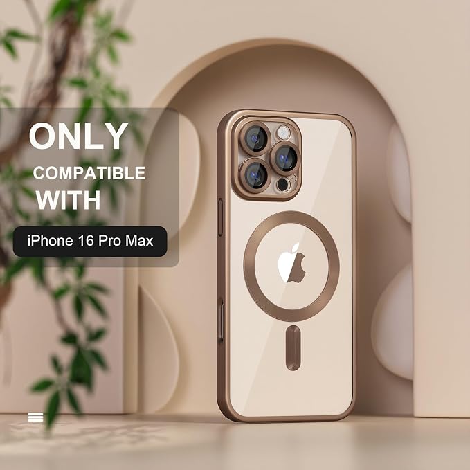 Misea Magnetic for iPhone 16 Pro Max Case Compatible with MagSafe [Never Yellowing] [Military Grade Drop Protection] Full Camera Lens Protector Plating Soft Clear Phone Case for Women, Titanium Desert
