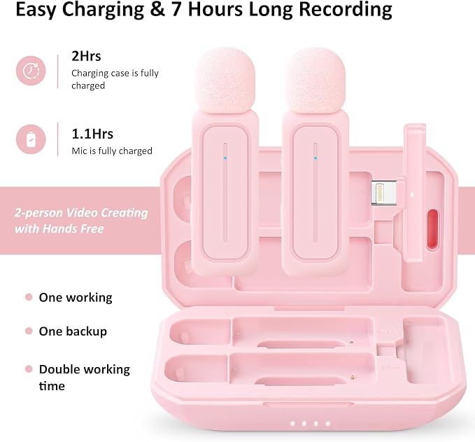 2 Pack Wireless Lavalier Microphone for iPhone iPad Android with Charging Case - 7H Clip on Lapel Microphone Wireless for Video Recording Vlogging, YouTube, Interview, 3 Mode Denoise (Pink)