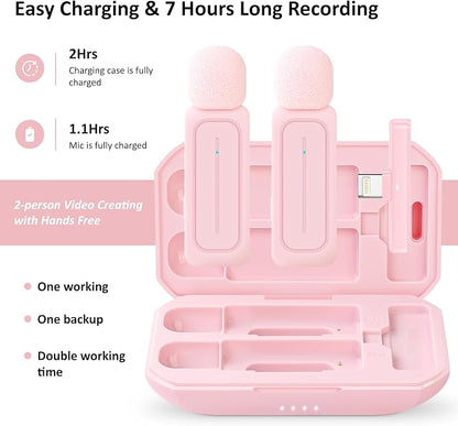 2 Pack Wireless Lavalier Microphone for iPhone iPad Android with Charging Case - 7H Clip on Lapel Microphone Wireless for Video Recording Vlogging, YouTube, Interview, 3 Mode Denoise (Pink)