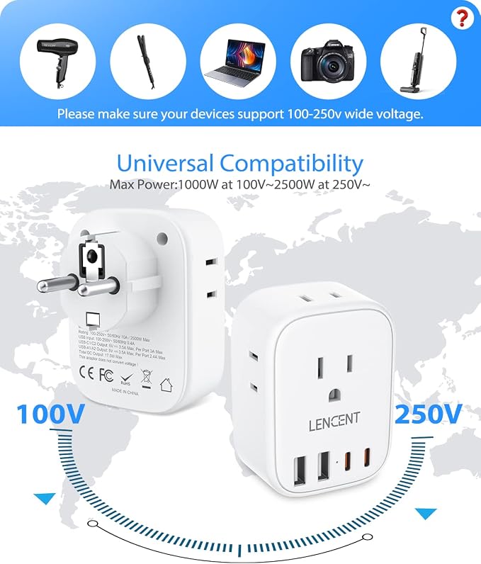 LENCENT Germany France Travel Power Adapter, Schuko Type E F Power Plug | Adaptor with USB Ports(2 Type C), 4 Outlet Converter, US to EU Spain France German Greece Norway Iceland South Korea Portugal