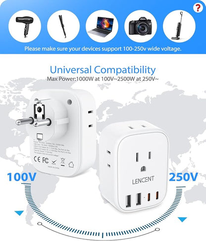 LENCENT 3 Pack Germany France Travel Power Adapter, Schuko Type E/F | Plug Adapter with 4 USB Ports (2 Type C), 4 Outlet Converter, US to EU Spain French German Greece Norway Iceland South Korea