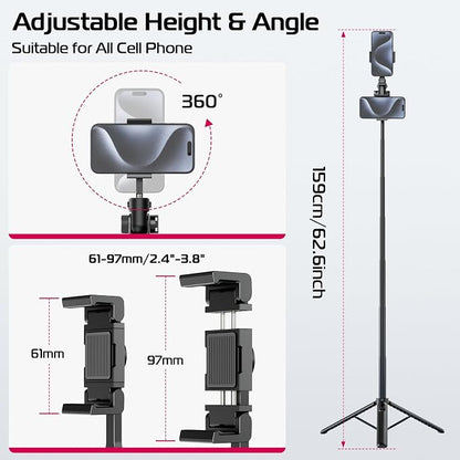 ULANZI MT-70 Extendable Tripod, 63" Selfie Stick Vlog Tripod Stand with 2 Phone Clips as Teleprompter, 360° Rotate Camera Holder for iPhone, Sony, Canon, DJI Osmo Nano, Lightweight for Travel, Black