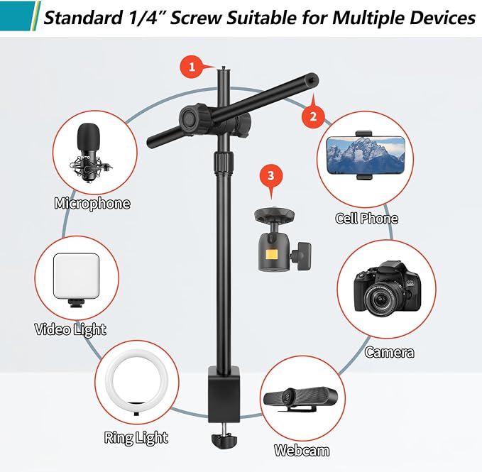 Camera Desk Mount Webcam Stand with Overhead Articulating Magic Boom Arm 1/4" Ball Head for DSLR Tripod, Adjustable Light Stand, Tabletop C Clamp for Ring Light Photo Video Shooting Live Streaming