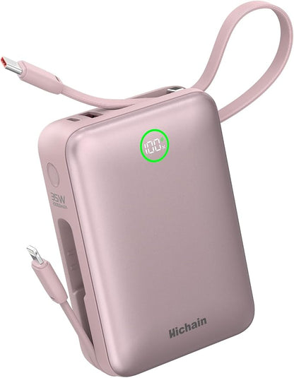 Hichain Portable Charger 35W 20000mAh Power Bank with Dual in Cables Pink | Fast Charging Battery Pack Compact Battery Bank with Digital Display for iPhone Android Portable Phone Charger