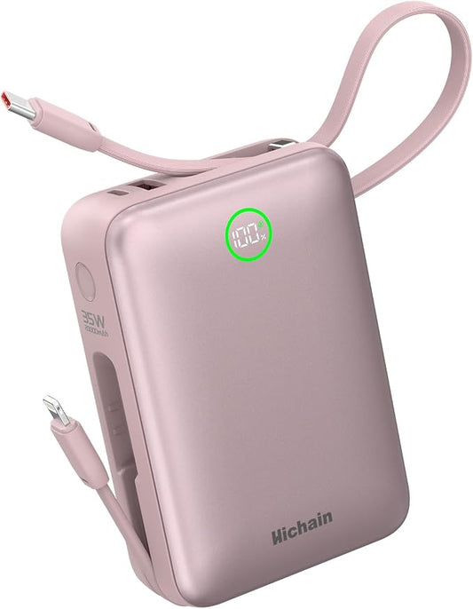 Hichain Portable Charger 35W 20000mAh Power Bank with Dual in Cables Pink | Fast Charging Battery Pack Compact Battery Bank with Digital Display for iPhone Android Portable Phone Charger