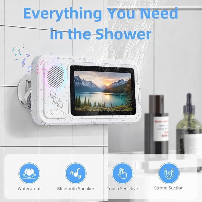 Shower Phone Holder with Bluetooth Speaker - Waterproof Wall-Mounted Shower Phone Case, Hands-Free Music Playback, Anti-Fog & Sensitive Touchscreen Case Stand for Phones Accessories Gift for Men Women