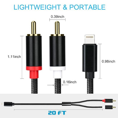 Lightning to RCA Cable Audio Aux Adapter, Stereo Y Splitter Adapter for Select iPhone iPad Models for Power Amplifier, Car, Home Theater, Speaker and More Silver 20FT