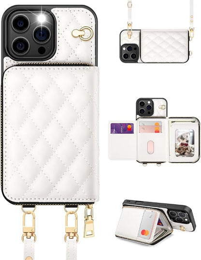 OCASE Compatible with iPhone 16 Pro Max Crossbody Wallet Case with Card Holder, PU Leather Zipper Handbag Phone Purse with RFID Blocking Kickstand Wrist Strap Lanyard 6.9 Inch, Diamond Check Cream